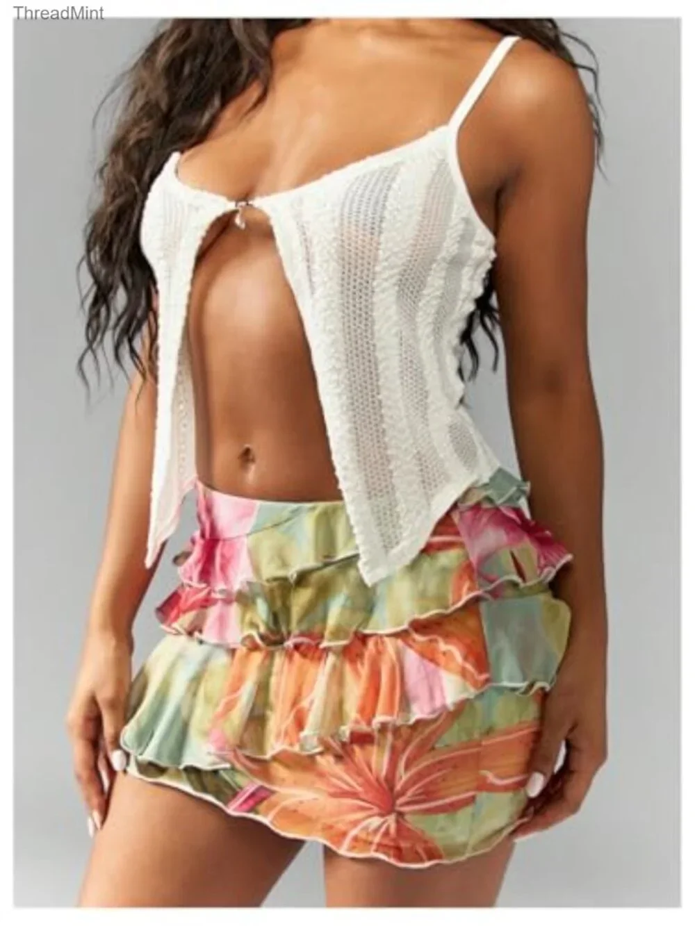 Boho Tropical Floral Bodycon Ruffle Layered Mini Skirt, Medium Stretch